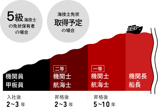 5級海技士の免状保有者、もしくは海技士免状取得予定の場合、入社後2~3年 機関員、甲板員。昇格後2~3年 二等 機関士、航海士。昇格後 5~10年 一等 機関士・航海士。さらに昇格すると機関長・船長になります。